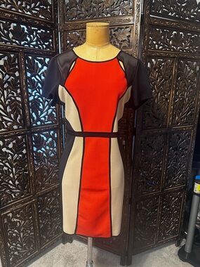 Gianni Bini Colorblock Midi Dress in Red-Orange, Black and Tan